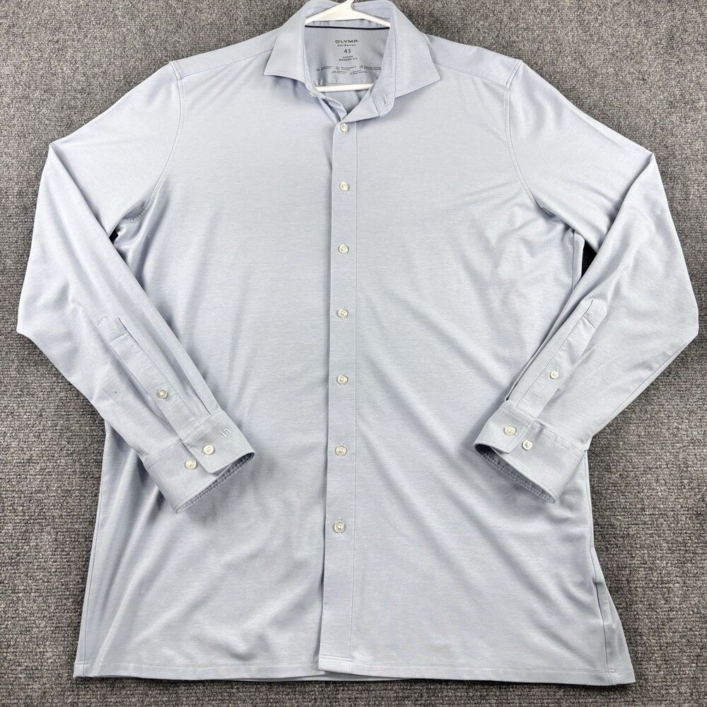 OLYMP Shirt Mens 43 L Blue Luxor Modern Fit Stretch 24 Seven